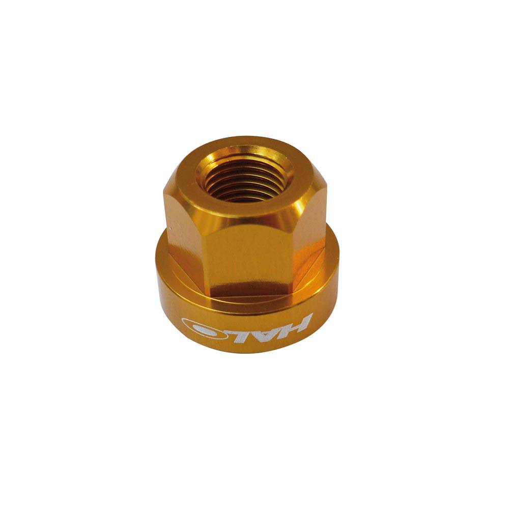 Pair of Halo CNC machined anodized alloy axle nuts for hubs, M9 and M10 sizes, in gold color.