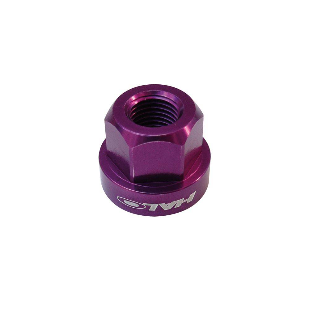 Pair of Halo CNC machined alloy axle nuts in M9 and M10 sizes with anodized colors, designed for hub spares and components.