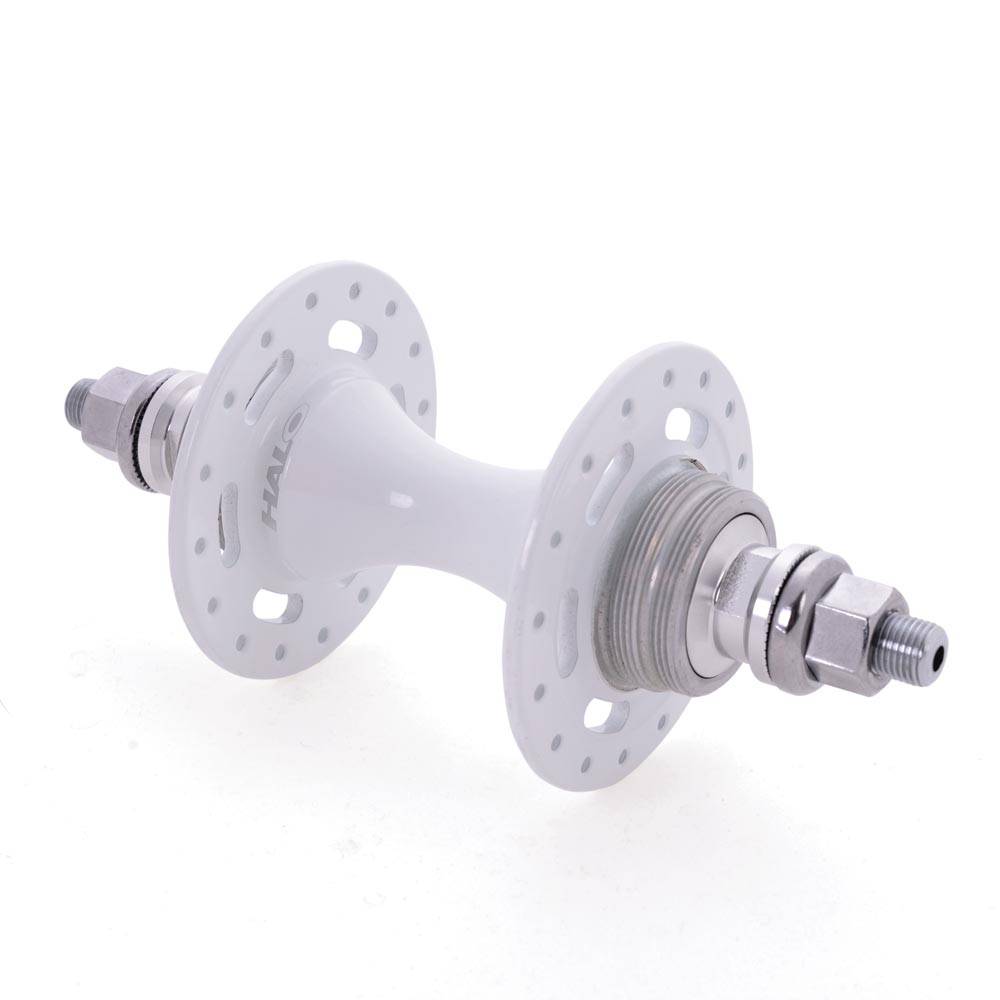 Halo TK Track Hub with flip/flop fixed and freewheel, sealed bearings, shown with polished metal finish and mounting flanges.
