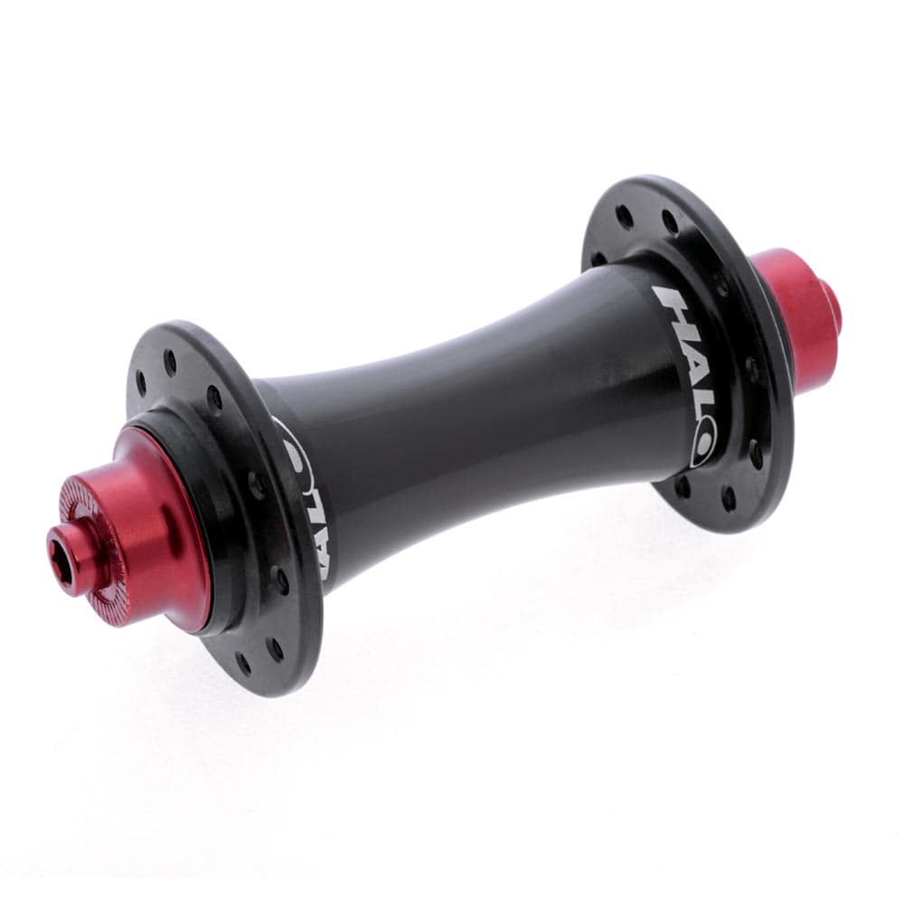Halo RS front hub with 15mm alloy axle, available in 20H or 24H spoke options, designed for racing bicycle components.