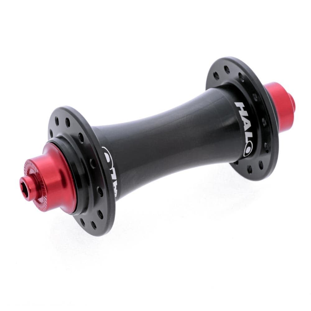 Halo RS front hub with 15mm alloy axle, available in 20H or 24H spoke options, designed for racing bike components.