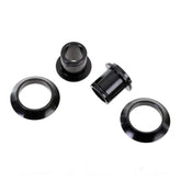 Halo Wide Boy 15mm hub adaptor set for cycling wheels, showing the black anodized components with threaded sections and spacers.