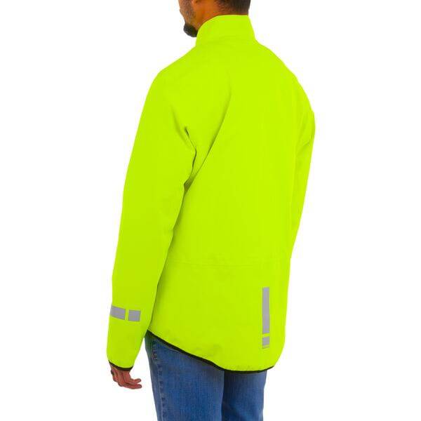 Back view of HUMP Men's reflective waterproof cycling jacket with wind protection, showcasing its durable, lightweight outdoor clothing design.