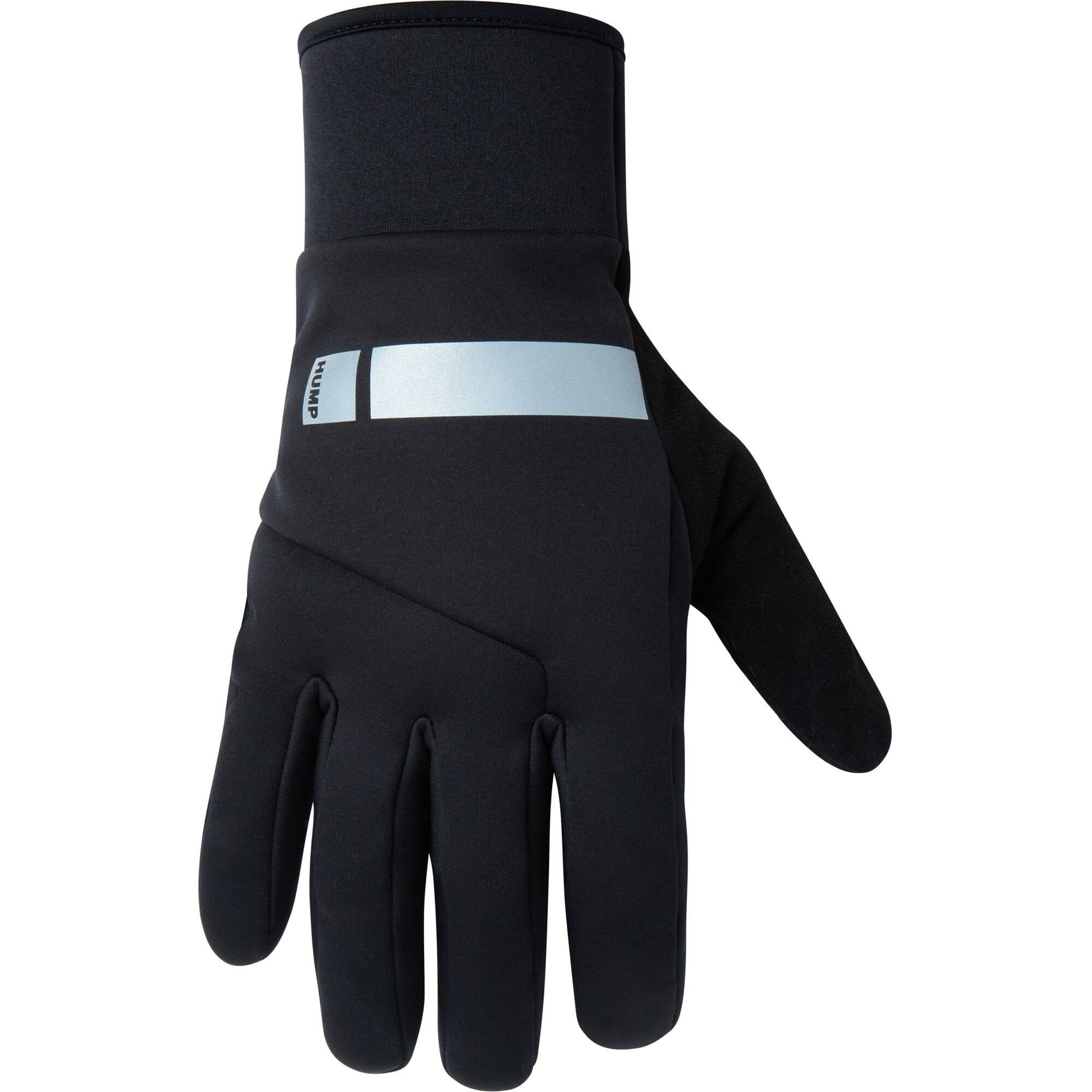 HUMP thermal reflective gloves with silicone grip and touchscreen compatibility, showing black gloves with textured palms and reflective accents.
