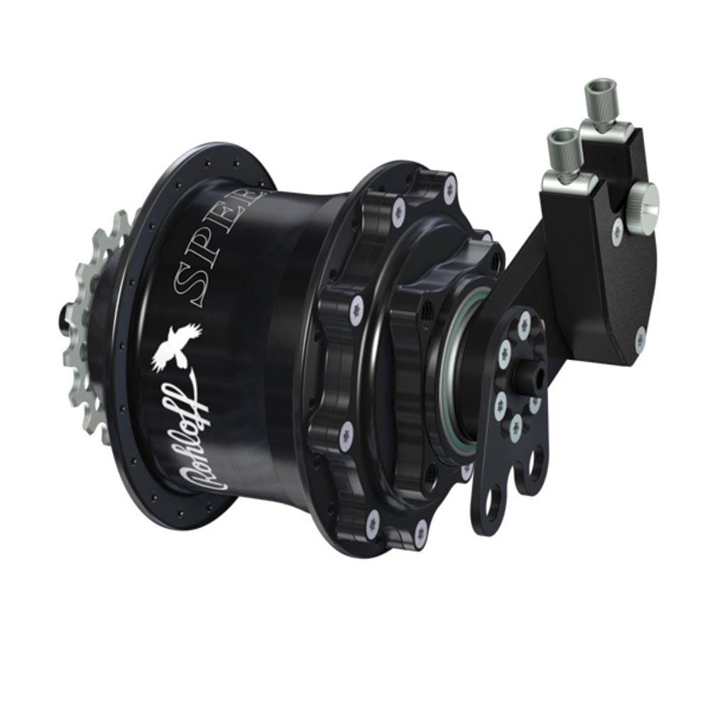 Rohloff Speedhub 500/14 internal gear hub with 14-speed sealed oil bath, showcasing the sleek black and silver component for bicycles.