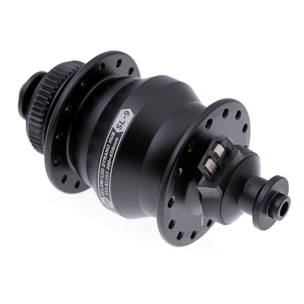 SP SL-9 Ultraslim Dynamo Disc Hub for Centre Lock Disc Brakes, 28-hole, mounted on a bicycle wheel for efficient power generation.