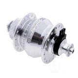 SP PL-8 Power Dynamo Hub for bicycles, showing the durable cycling component with electrical connections and mounting hardware.
