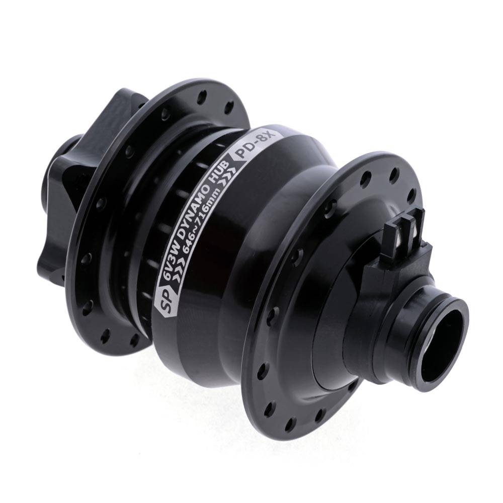 SP Hub PD-8X 110mm Boost Power Dynamo Bike Hub with 6V3W for reliable bicycle lighting, shown with mounting components.