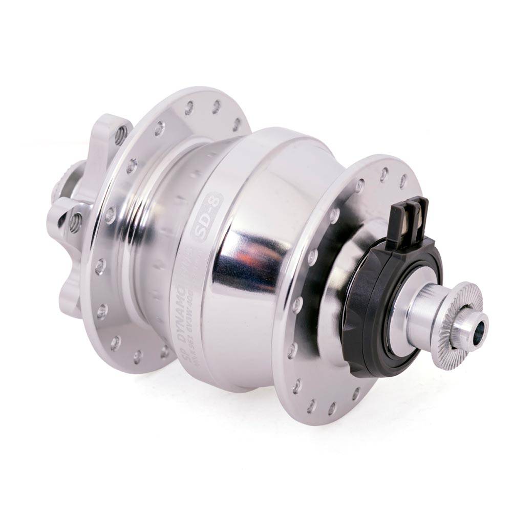SP SD-8 small bicycle dynamo hub with disc mount, 6V 3W output, for bike lights, shown in the image.