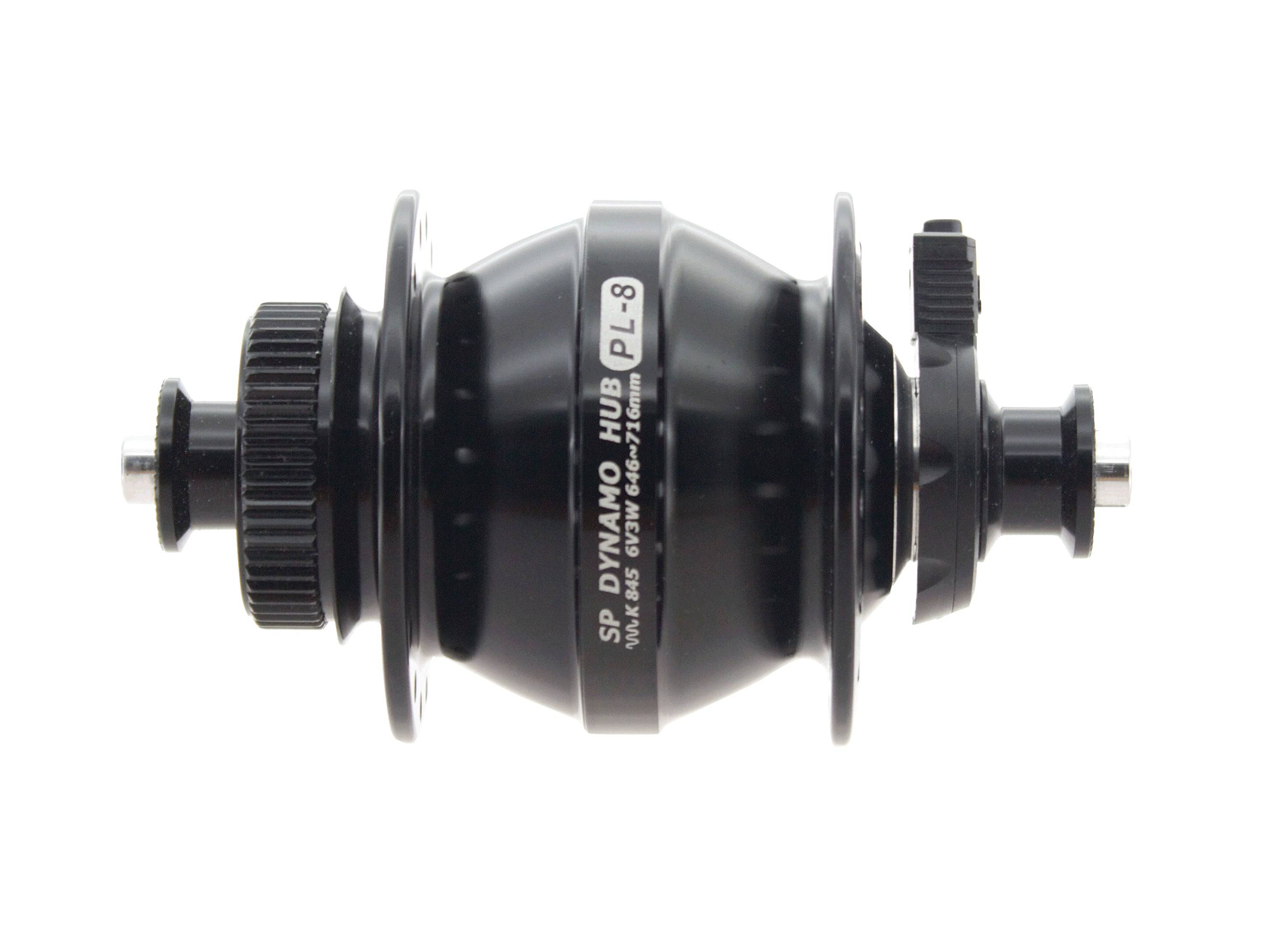 SP PL-8 Power Dynamo hub for bicycles, showcasing the sturdy black cycling component designed for reliable bike lighting and accessories.