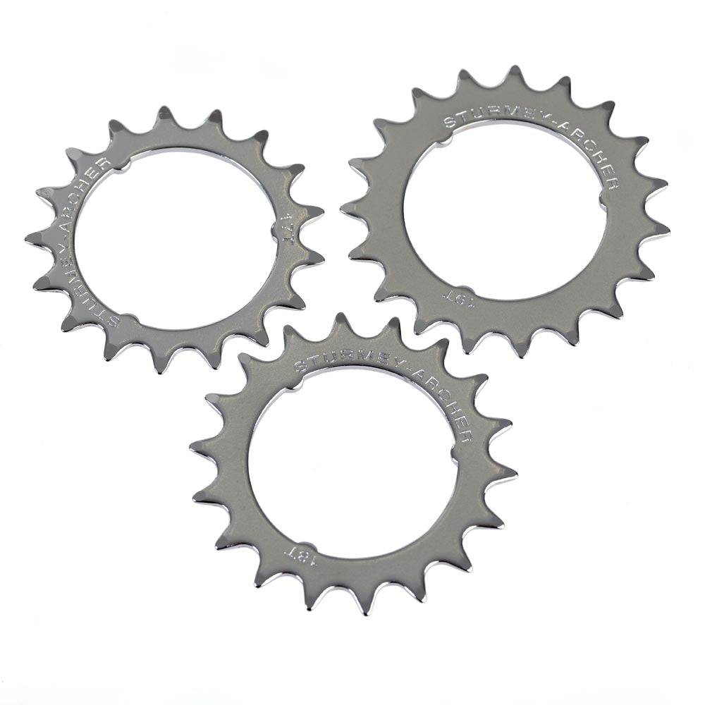 Chrome-plated Sturmey Archer 3-Dog hub sprocket replacement spares, available in 13T to 21T sizes, for bicycle hubs.