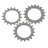 Chrome-plated Sturmey Archer 3-Dog hub sprocket replacement spares, available in 13T to 21T sizes, for bicycle hubs.
