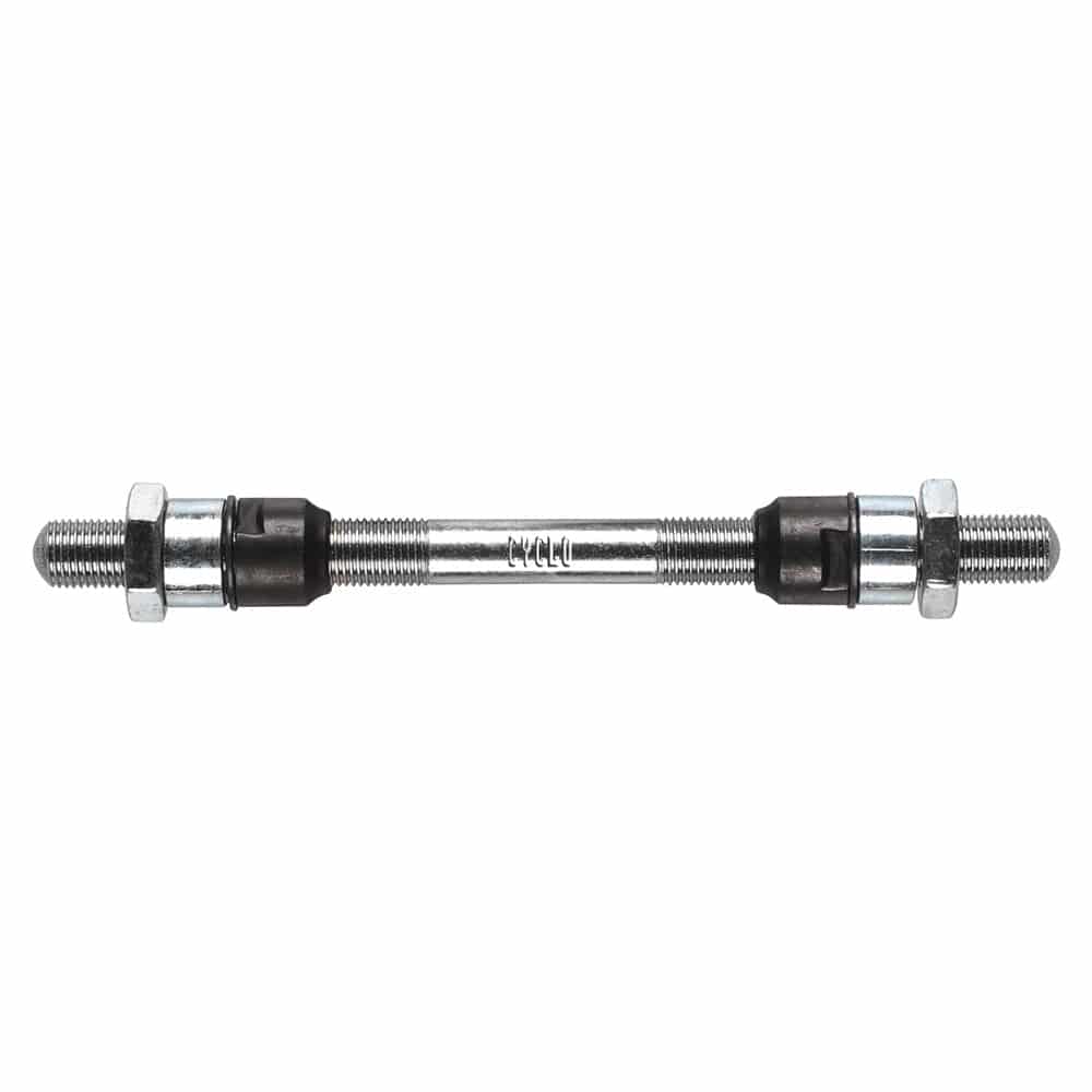 Weldtite axle for front and rear bike hubs, durable replacement component for bike wheel hubs.