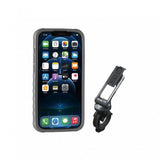 Topeak Ridecase phone mount for iPhone 12 Pro Max with QuickClick™ technology, attached to bike handlebar.