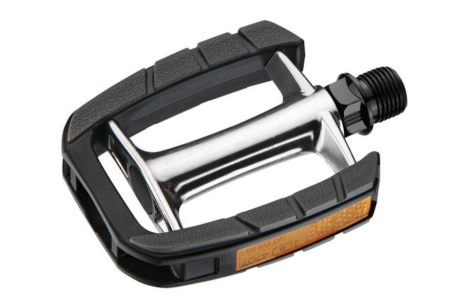 System EX DP950 silver and black bike pedals with reflectors and ball bearings, showcasing durable cycling component design.