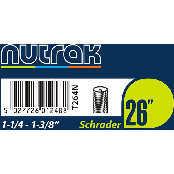 Nutrak bike inner tube with Schrader valve, fits 26 x 1-1/4 to 1-3/8 inch tires, bicycle component with valve and tube visible.