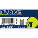 Nutrak bike inner tube with Schrader valve, fits 26 x 1-1/4 to 1-3/8 inch tires, bicycle component with valve and tube visible.