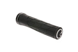 Ergon GA2 mountain bike grips with ergonomic design and carbon-friendly clamps, shown installed on a bike handlebar.