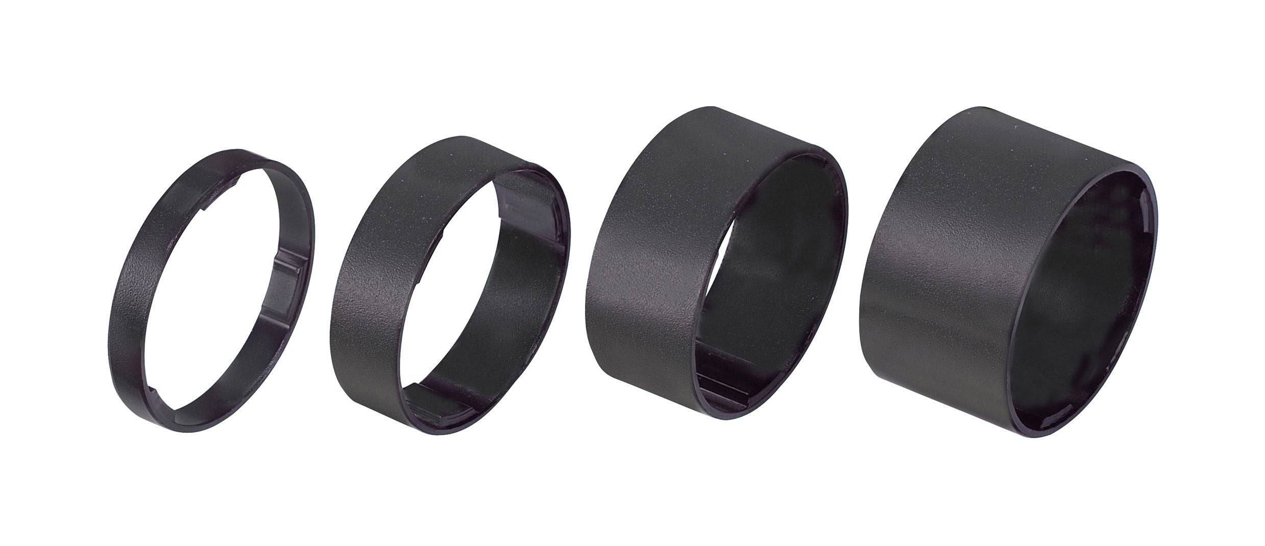 BBB BHP-36 LightSpace headset spacers set in black aluminum with 5, 10, 15, 20 mm sizes, for bike handlebar headset assembly.