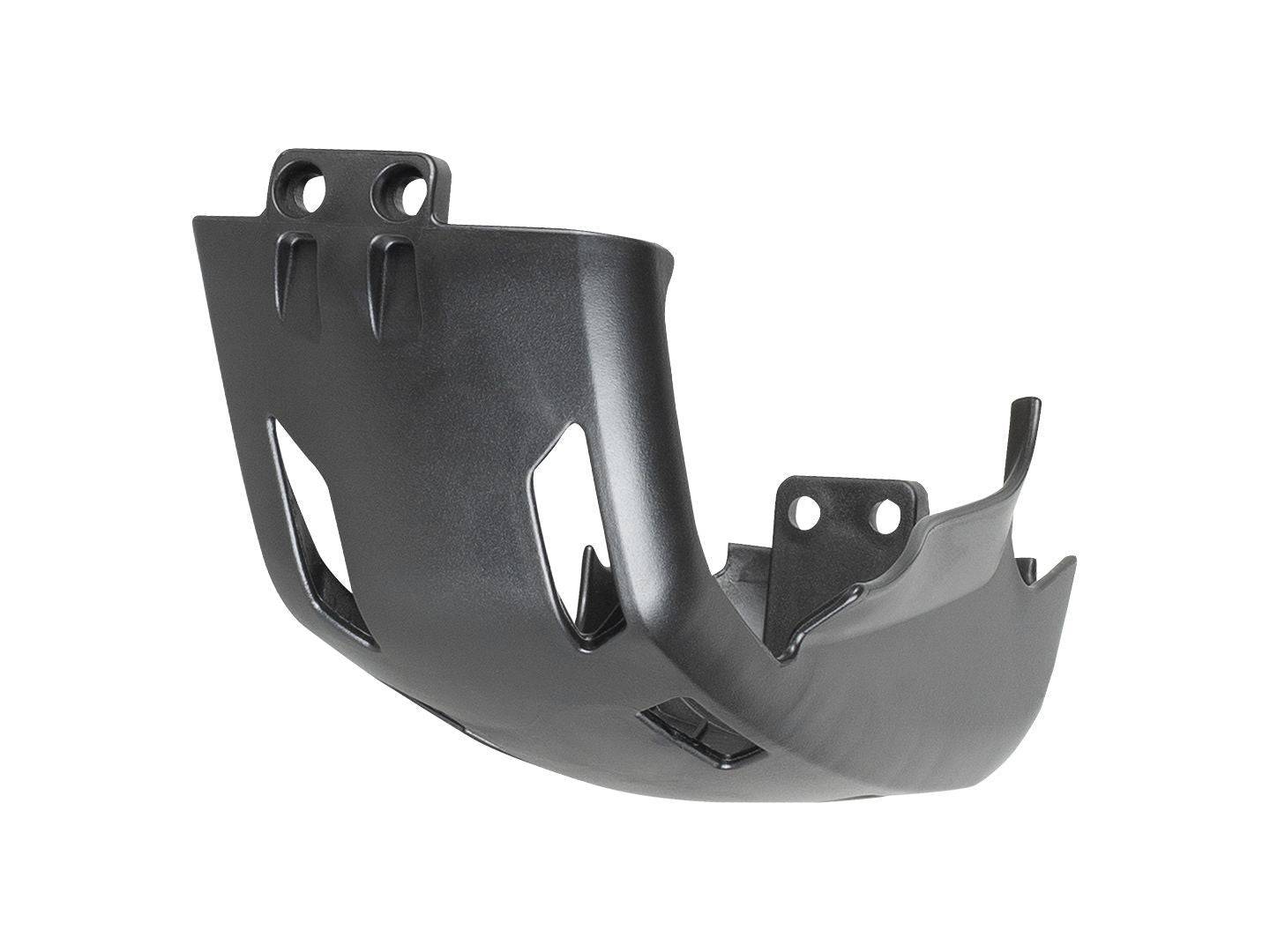 Trek Powerfly HT motor armor protective cover in black and dark grey made from recycled plastic for e-bike components.