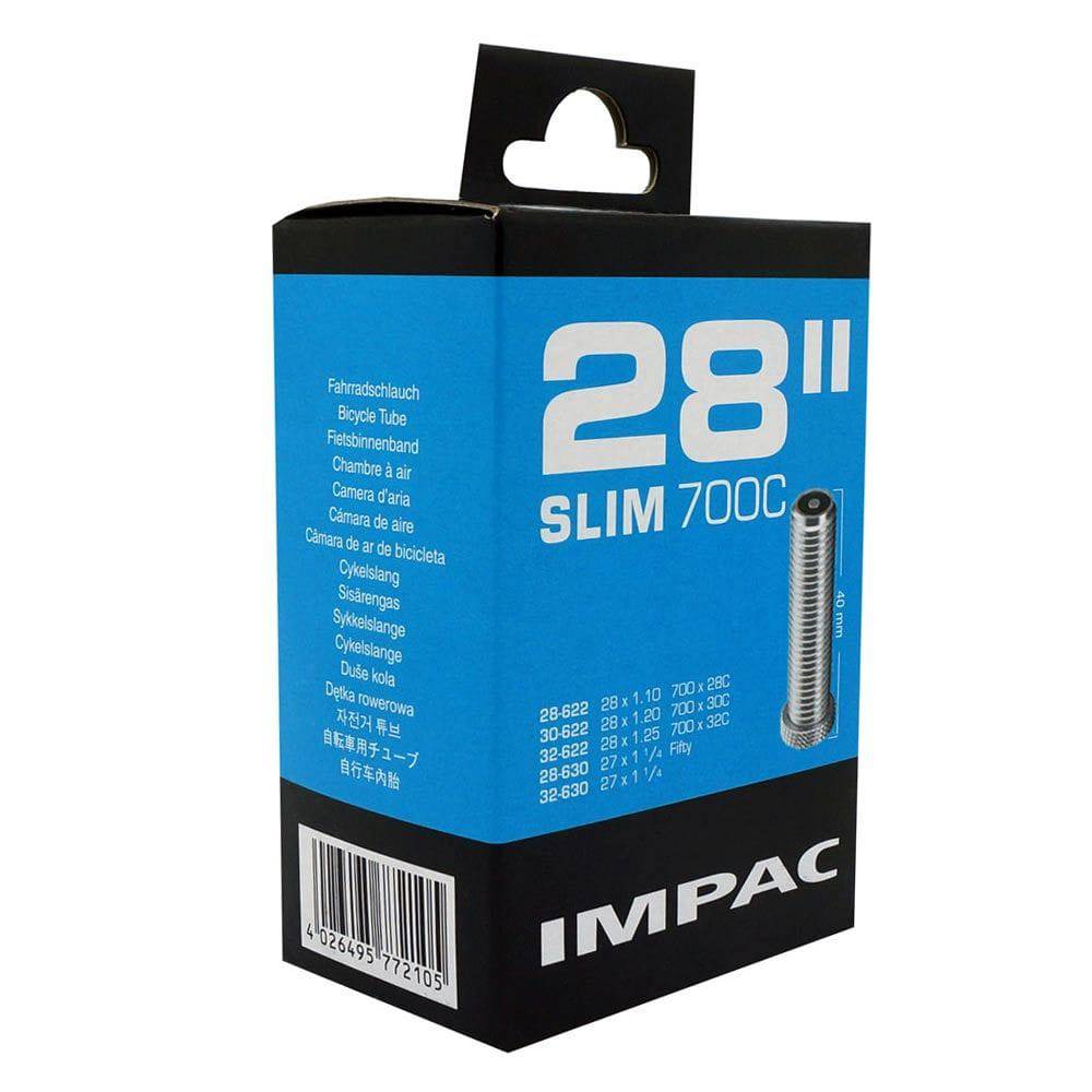 Schwalbe Impac AV28 700c inner tube for road and hybrid bikes, showcasing the puncture-resistant design and durable components.