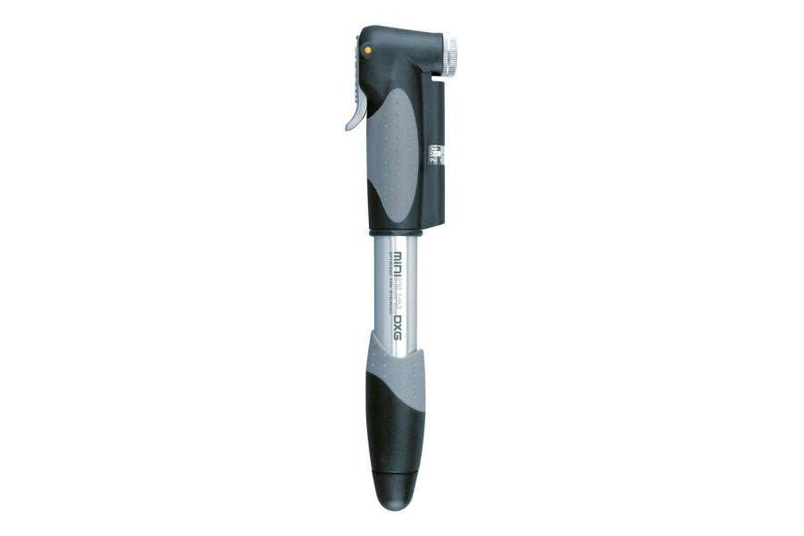 Topeak Mini Dual DX bike pump with gauge in black and silver, featuring Presta and Schrader valve compatibility.