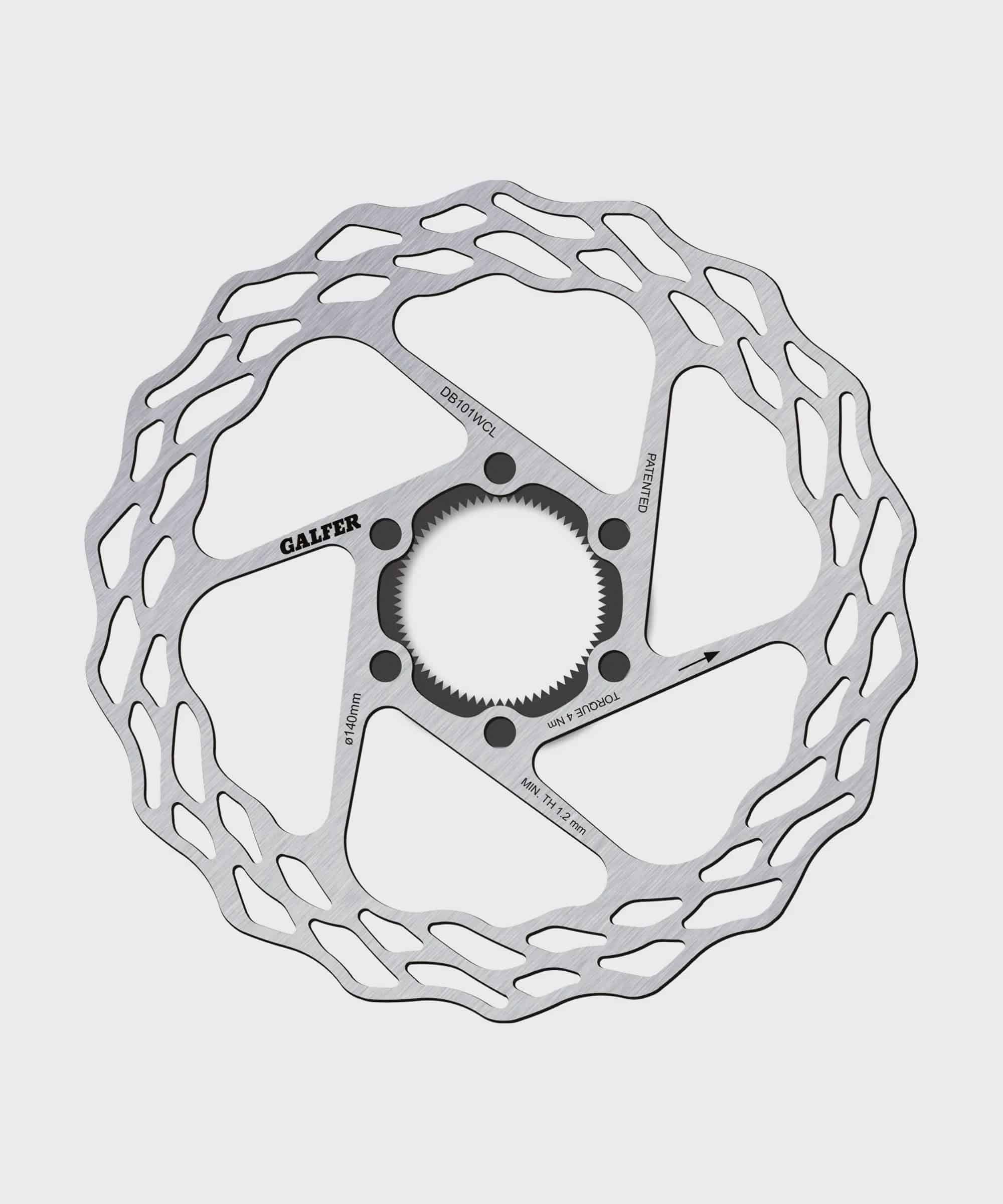 Galfer Wave Road disc brake rotor with 6-bolt mount for road, gravel, and cyclocross bikes, showing the rotor's wave design and mounting holes.