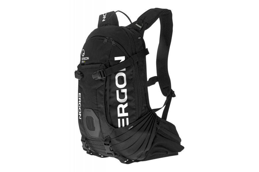 Ergon BA2 black all-mountain backpack with adjustable fit and helmet carrier, 10L capacity, designed for outdoor cycling adventures.