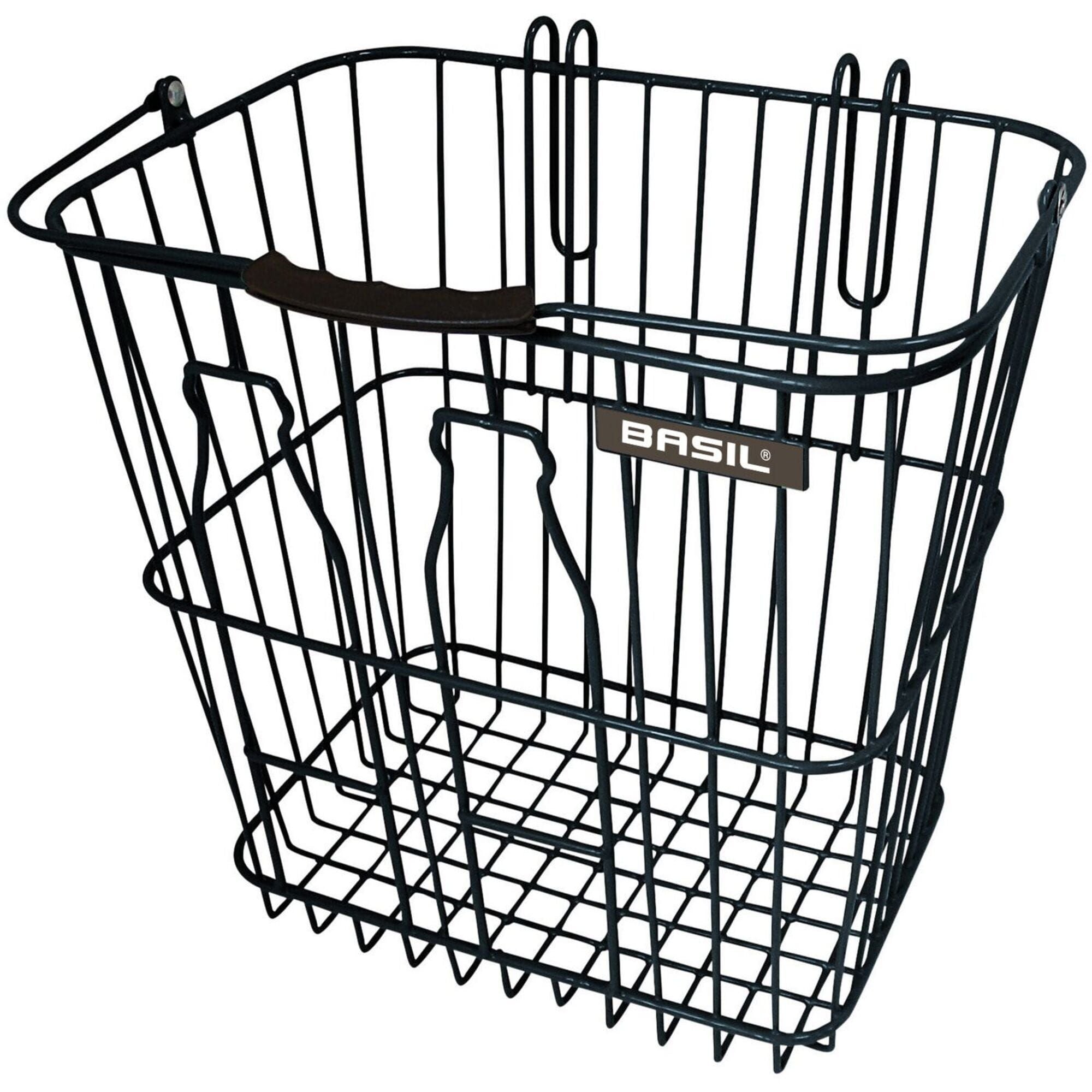 Black Basil bicycle rear basket with detachable handle, designed for luggage racks, perfect for carrying small items on bike rides.