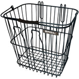 Black Basil bicycle rear basket with detachable handle, designed for luggage racks, perfect for carrying small items on bike rides.