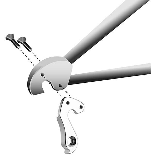 M Part gear hanger for bike frame protection and gear alignment, showcasing the component's design and attachment points.