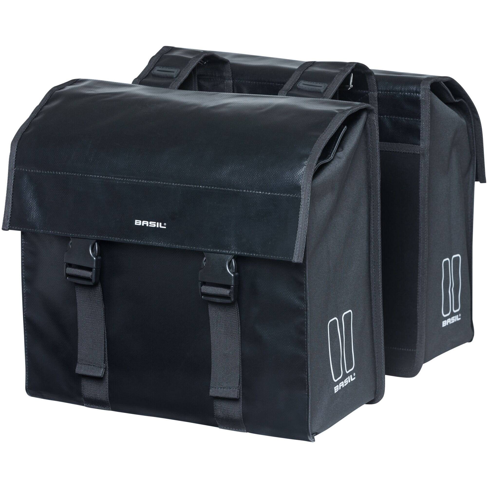 Black Basil Urban Load double bike bag with reflective details, 48-53L capacity, designed for cycling accessories and storage.