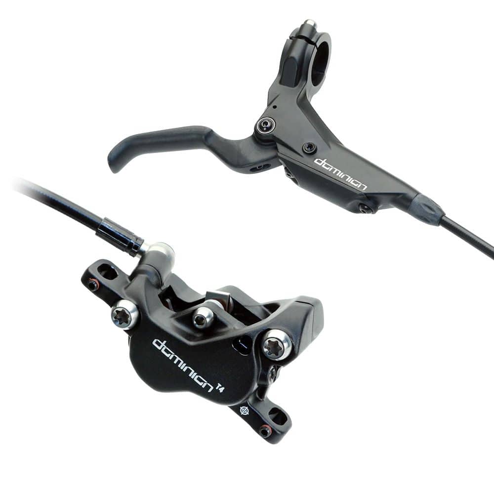 Hayes Dominion T4 single brake kit for disc brake systems with adjustable lever, showing brake caliper and disc rotor.