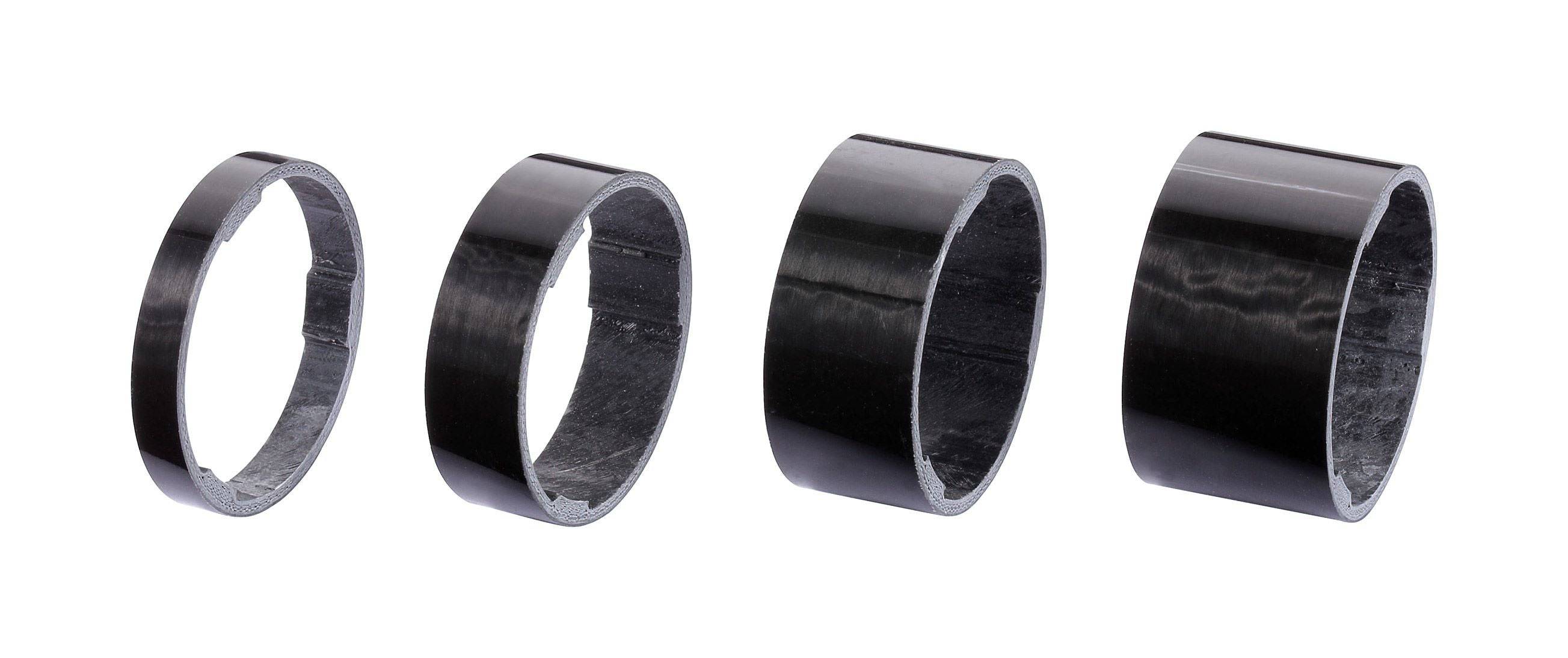 BBB BHP-35 UltraSpace carbon fiber headset spacers set, including 1.1/8 inch diameter spacers from 5mm to 20mm for bike components