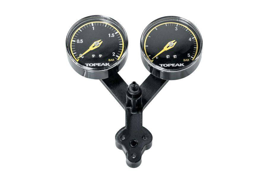 Topeak Spare Gauge Set for JoeBlow Dualie pump showing pressure gauge, base fitting, and hose junction for bicycle tire inflation.