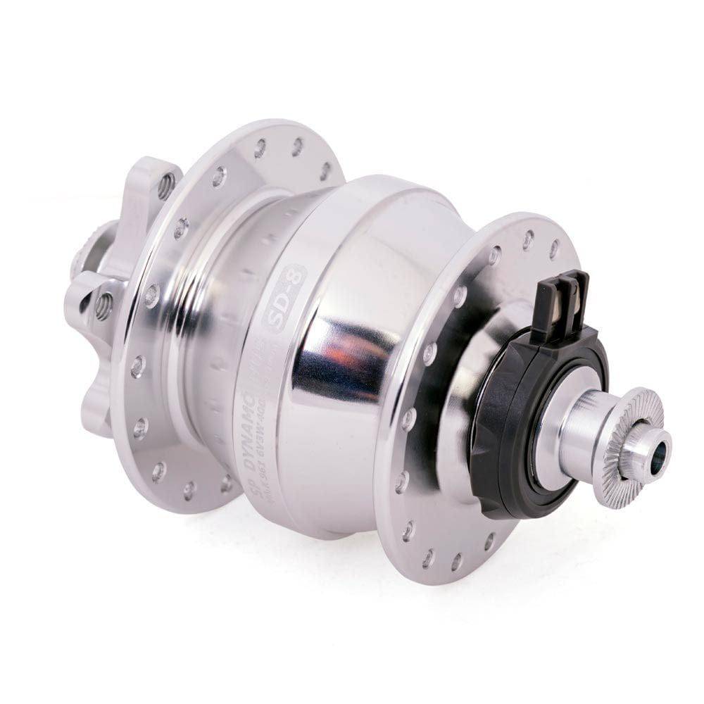 SP SD-8 small bicycle dynamo hub with disc mount, 6V 3W output for bike lights, component for bike wheel assembly.