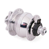 SP SD-8 small bicycle dynamo hub with disc mount, 6V 3W output for bike lights, component for bike wheel assembly.