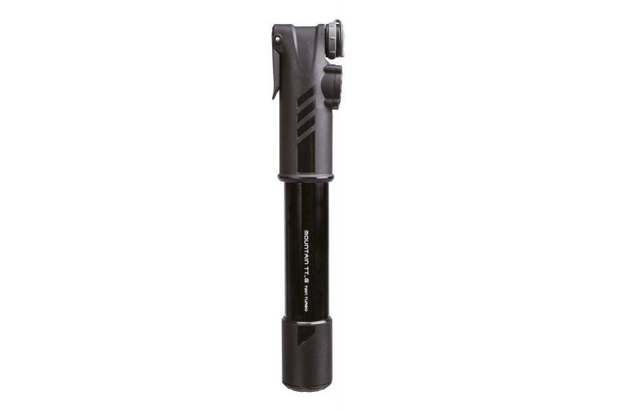 Topeak Mountain TT Twin Turbo hand pump for MTB tires, featuring twin stroke technology and durable ergonomic design.