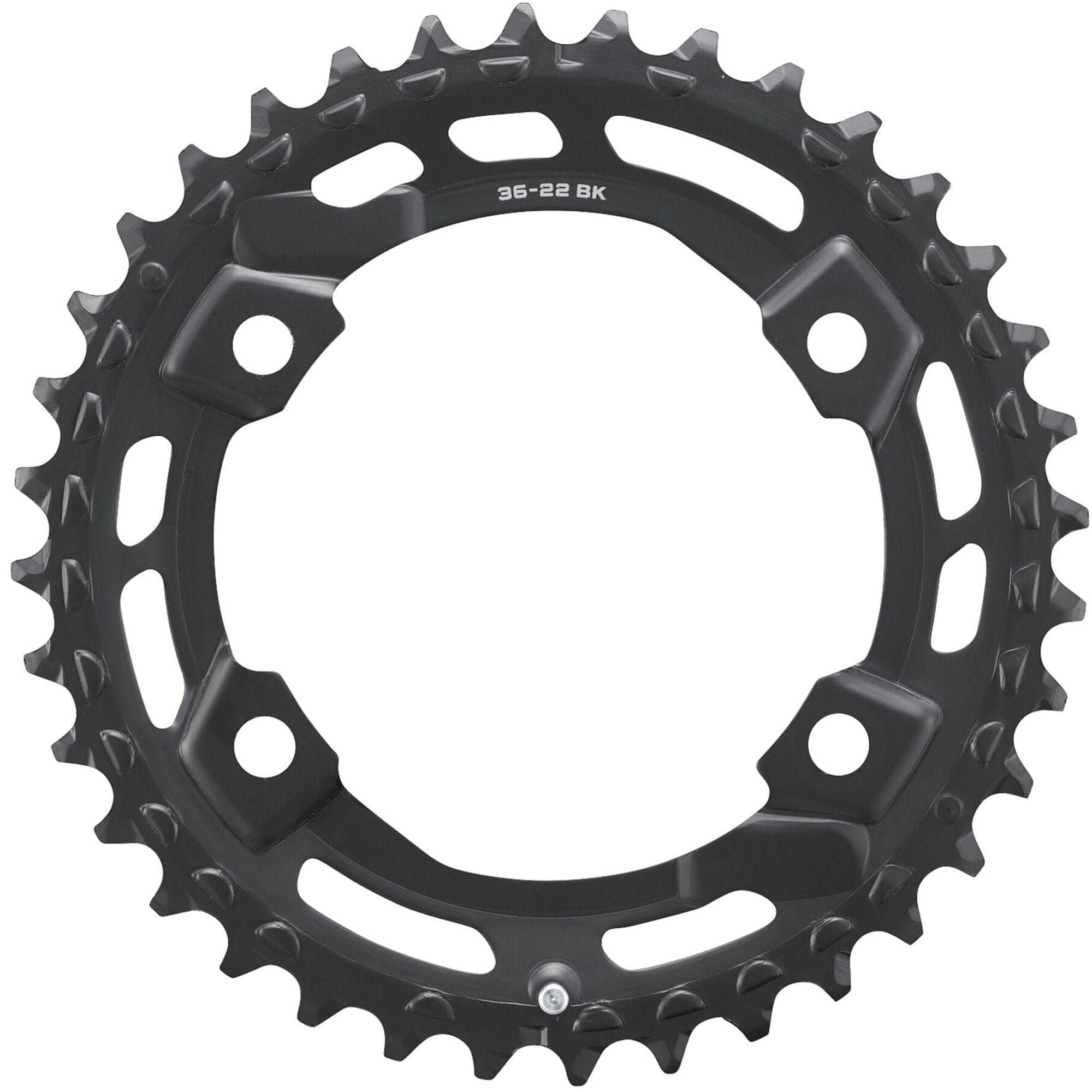 Shimano CUES FC-U6000-2 double 36T chainring for MTB, compatible with 11, 10, and 9-speed bike drivetrains.