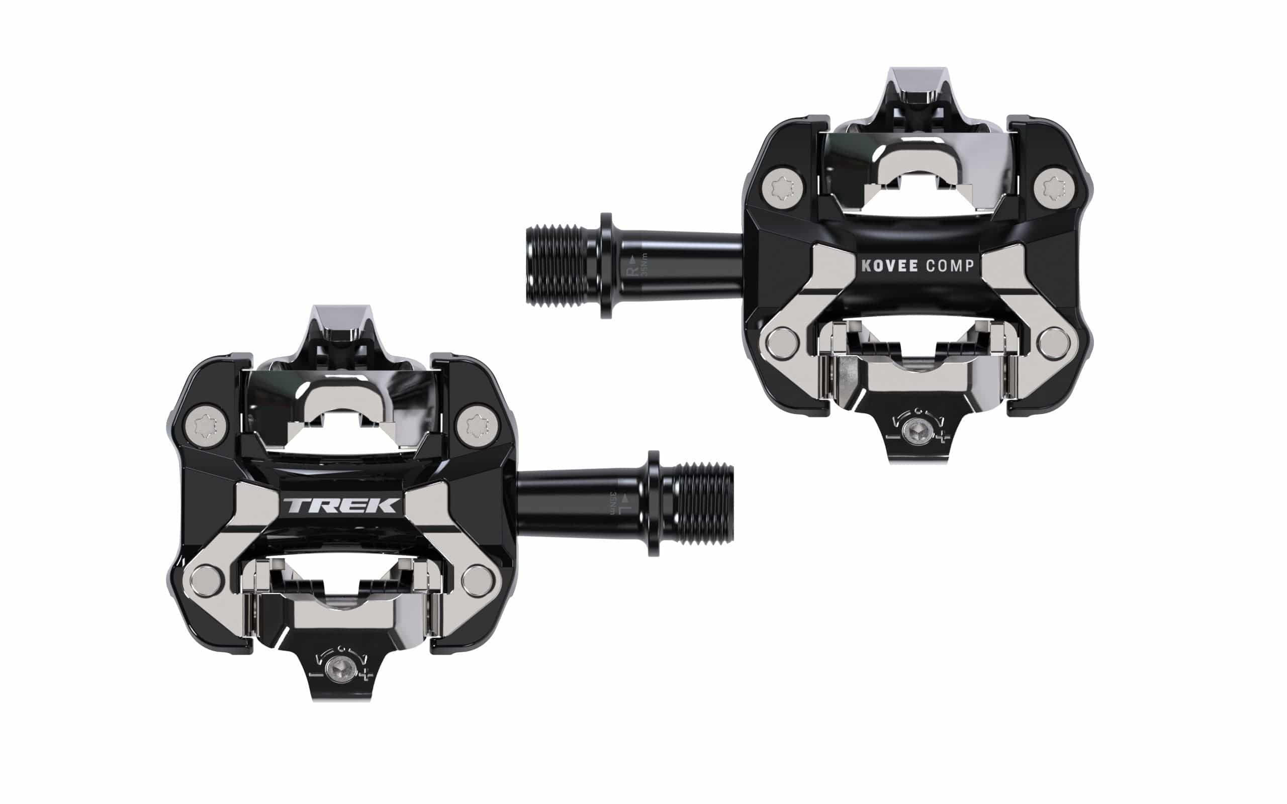 Trek Kovee Comp black clipless MTB and road bike pedal set with 9/16-inch spindle, designed for cycling components.
