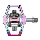 HT Components T2 flat trail riding pedals with adjustable tension and mud shedding features, shown in the image.