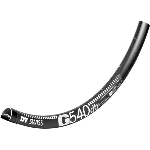 Black DT Swiss G 540 DB 27.5-inch 650B disc brake rim with 32 holes and Presta-drilled holes for bike components.