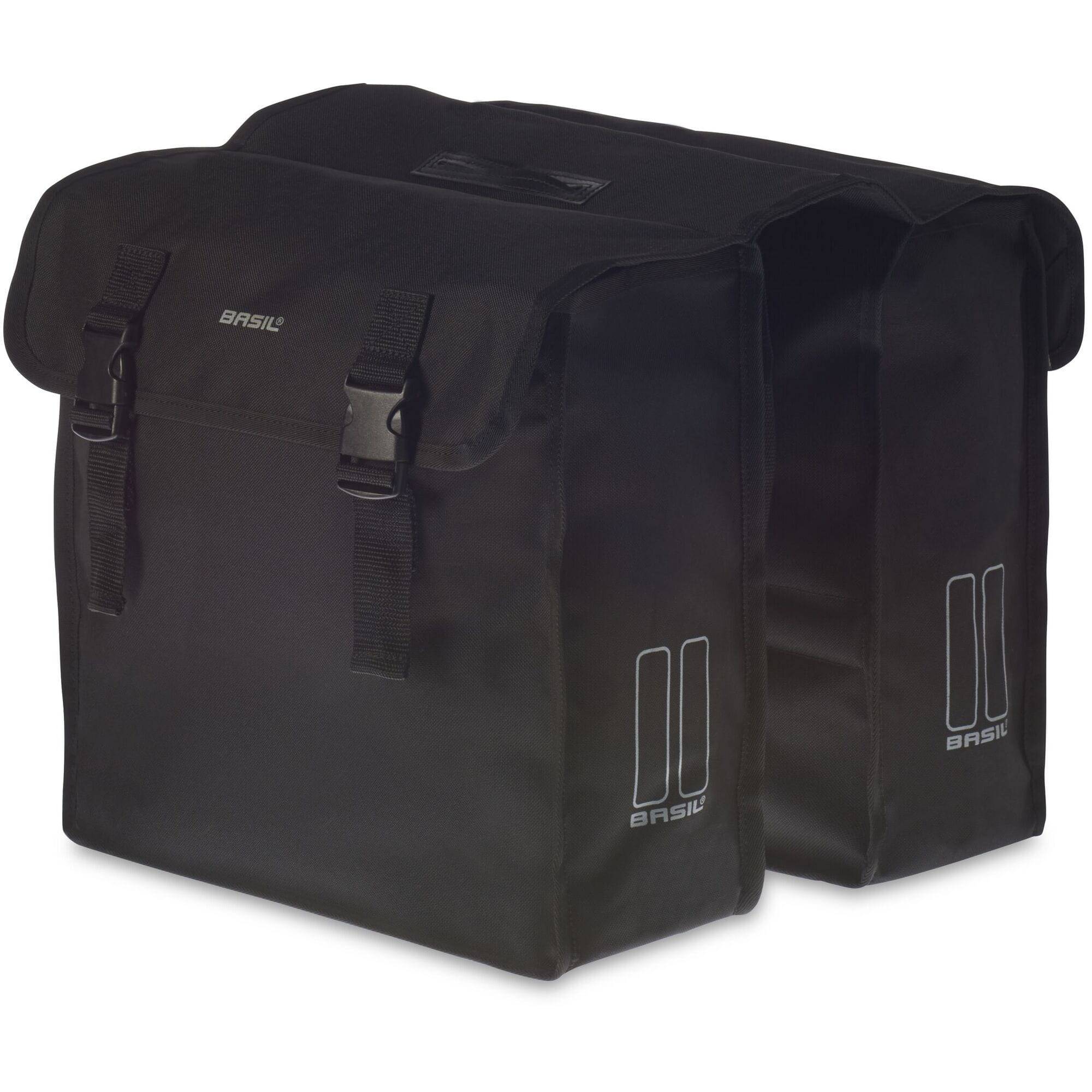 Basil Mara XL 35L black water-repellent bicycle pannier with reflective accents, mounted on a bike rack.