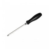 Topeak Fix Station silver and black flat head screwdriver for workshop use, with ergonomic handle and durable metal blade.