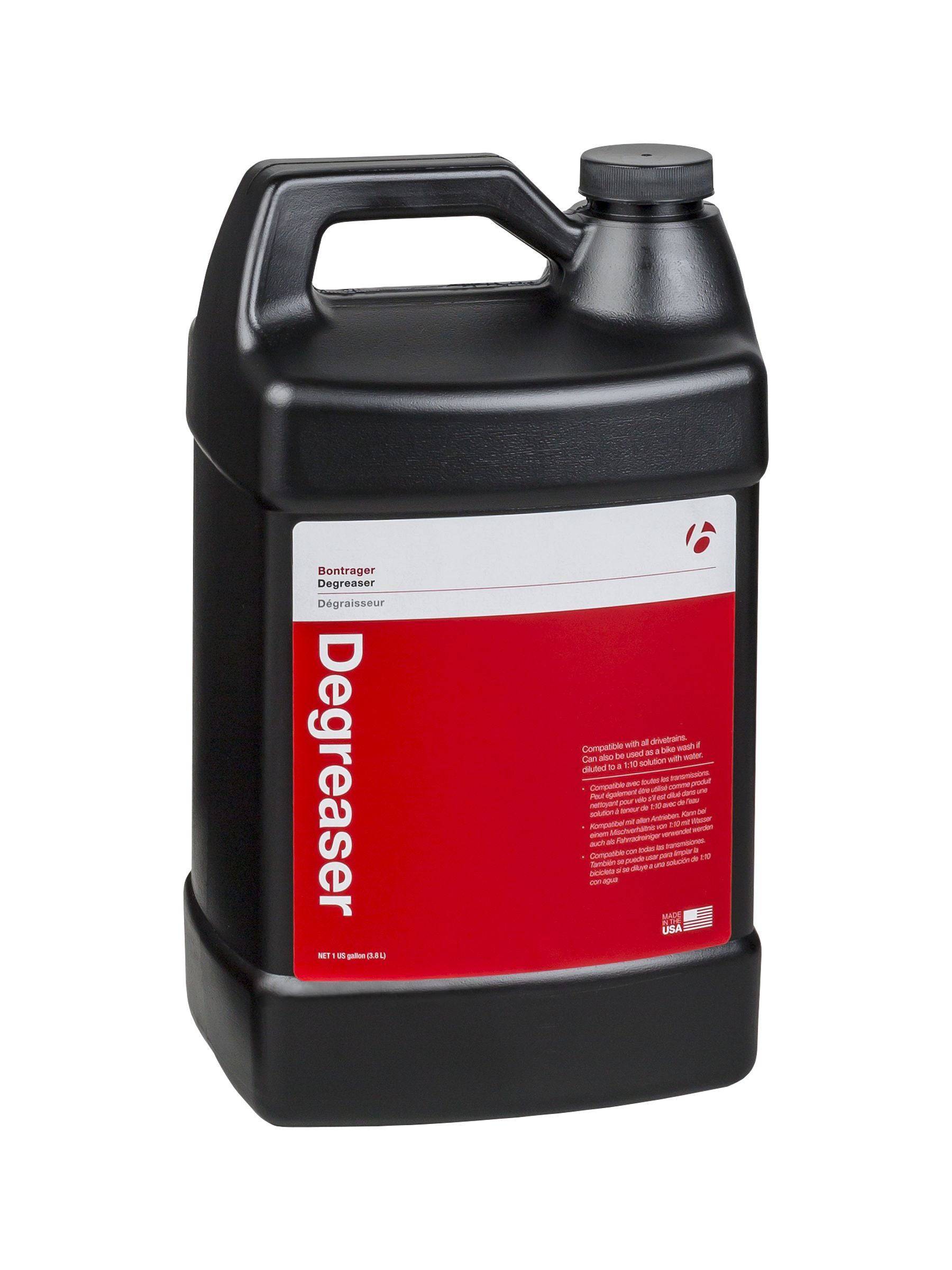 Bontrager bike degreaser and lubrication cleaner with citrus scent for drivetrain cleaning, shown in a workshop setting