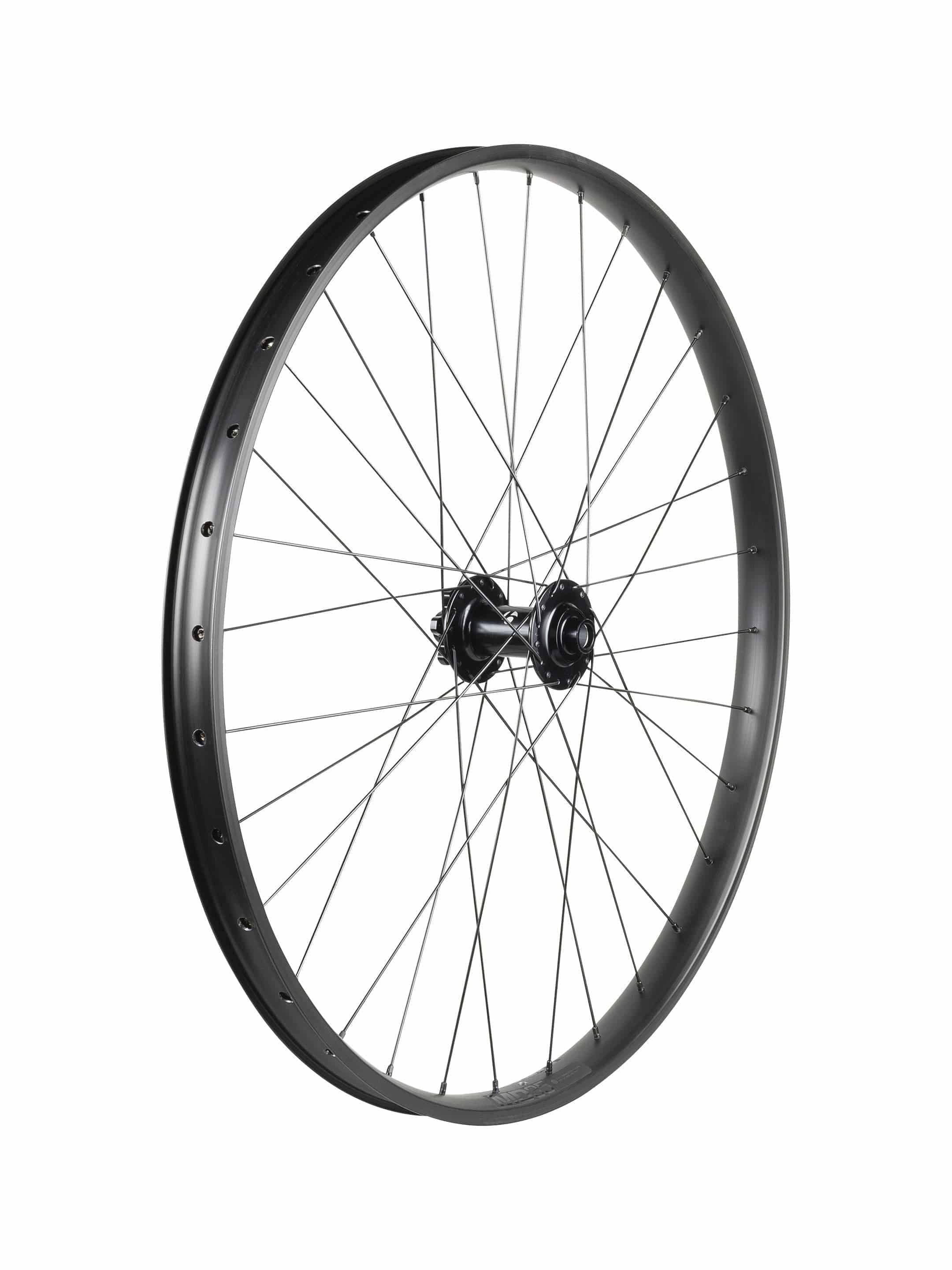 Trek Alex MD35 Boost 27.5-inch MTB front wheel in black and dark grey, designed for mountain biking components.