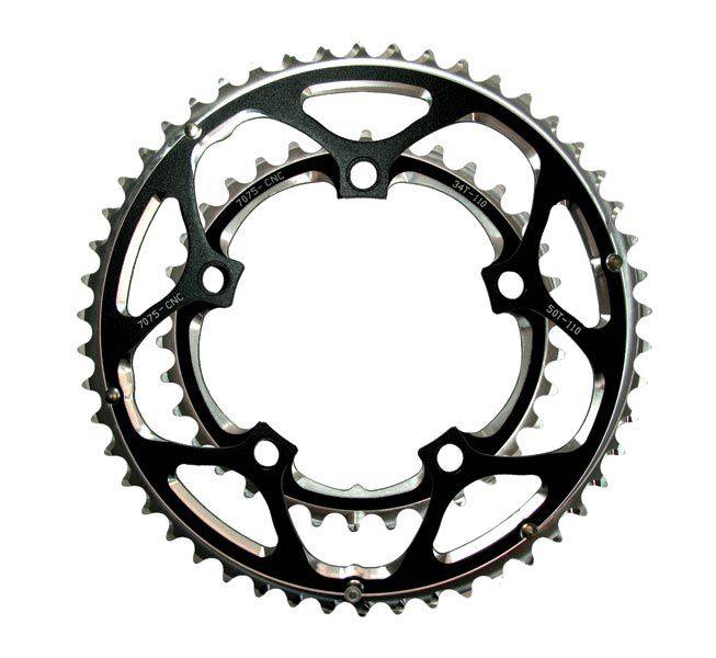 SunRace CRRX0 Fluid Drive 10-speed road bike chainring with Super Fluid Drive technology, shown mounted on a bicycle crankset.