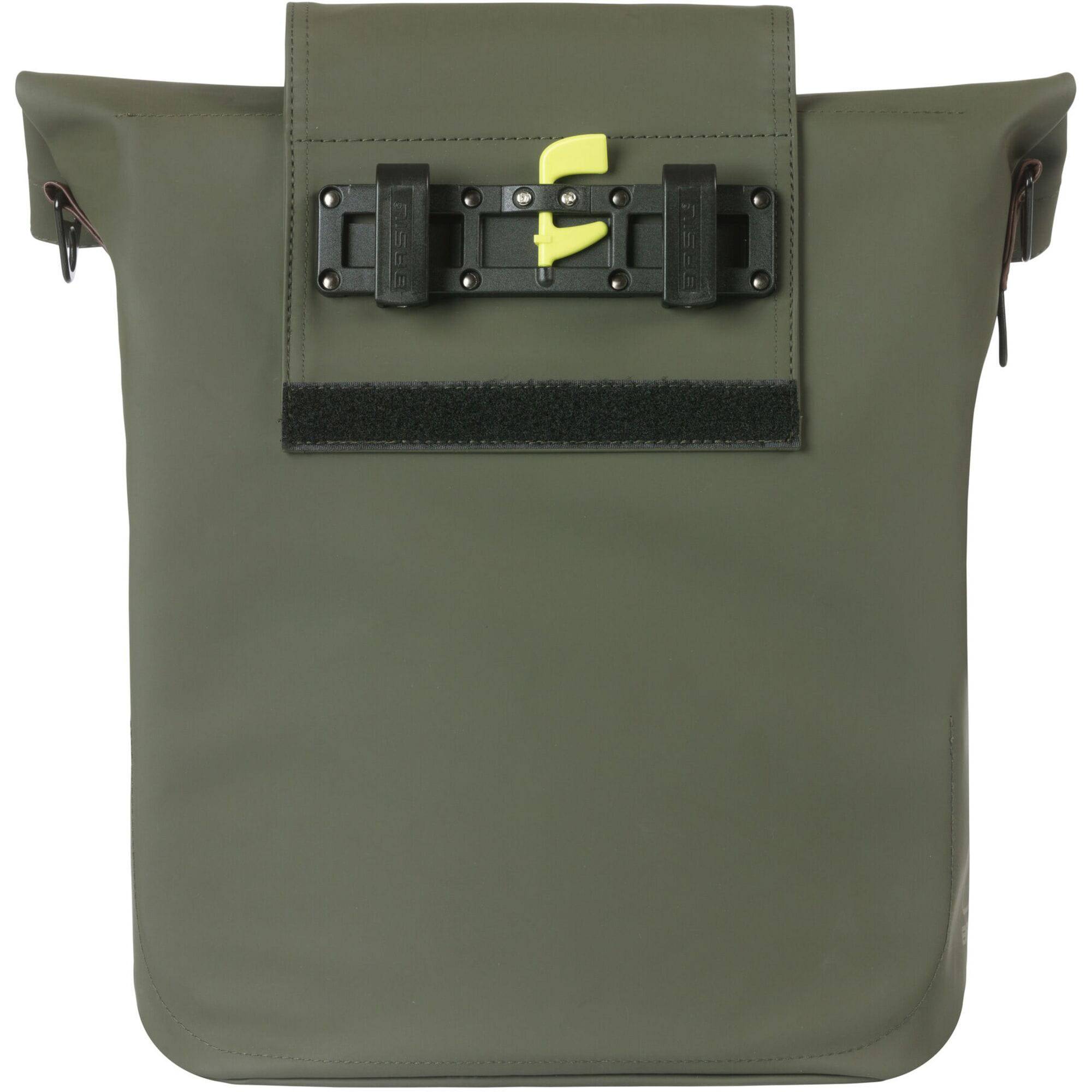 Basil City bicycle shopper bag in moss green with reflective details and hook-on system, suitable for 14-16L capacity.