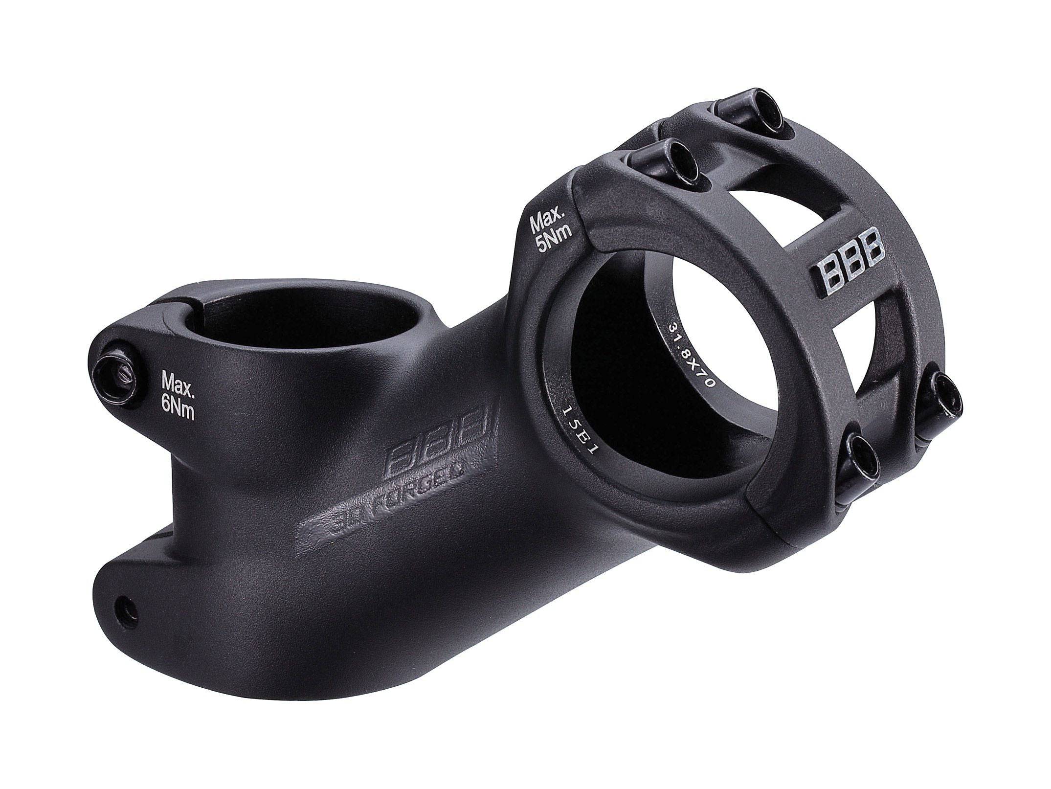 BBB Highrise MTB Stem BHS-25 with 35° angle for 31.8mm handlebars, mountain bike component, close-up view of the stem.