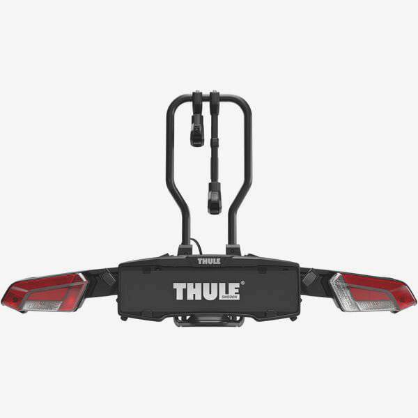 Thule EasyFold 3 tow bar bike carrier mounted on a vehicle, designed for 2 bikes with AcuTight locking and 13-pin towbar connection.